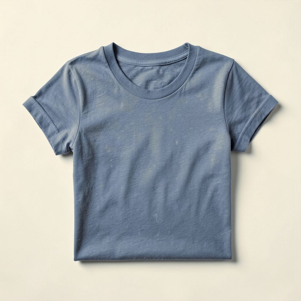 Duotone charcoal and cream photograph of a folded cotton t-shirt on a plain background, calm and minimal mood.