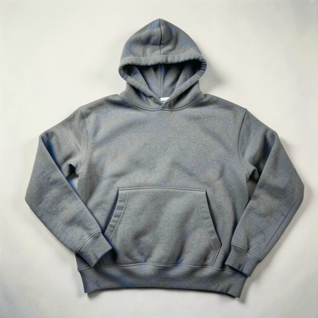 Duotone charcoal and cream photograph of a pullover hoodie resting on a flat surface, soft and inviting mood.