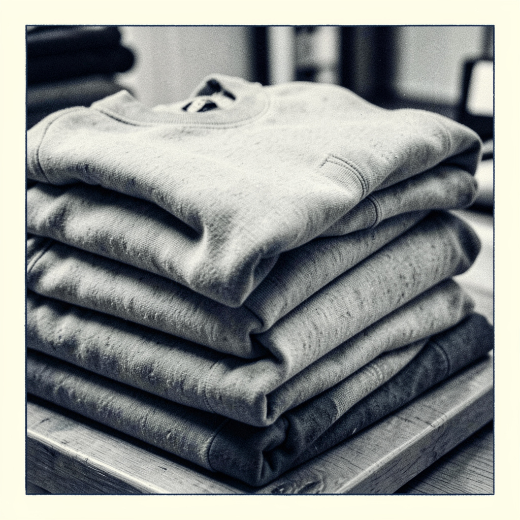 Duotone charcoal and cream photograph of a stack of folded sweatshirts, warm and tidy mood.